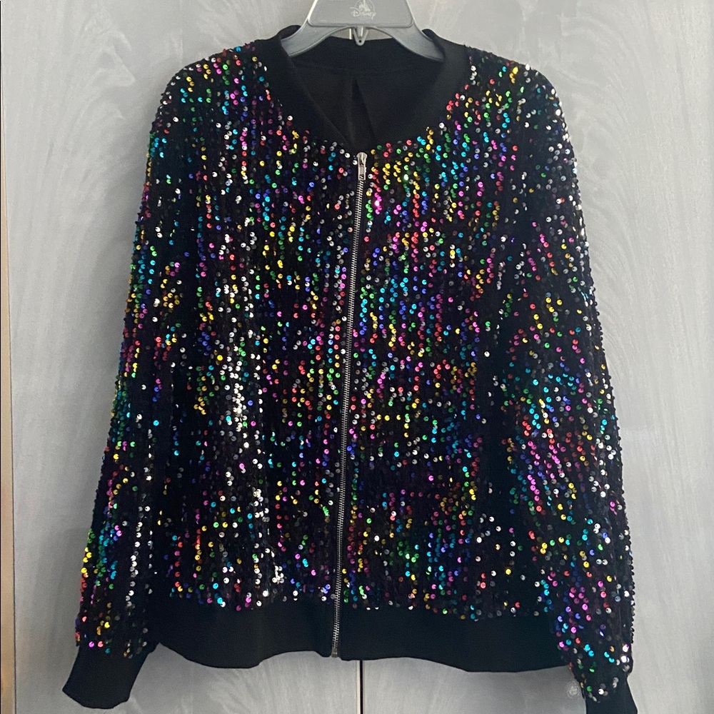 2XL SHEIN Black Zip Up Sequin Bomber Jacket